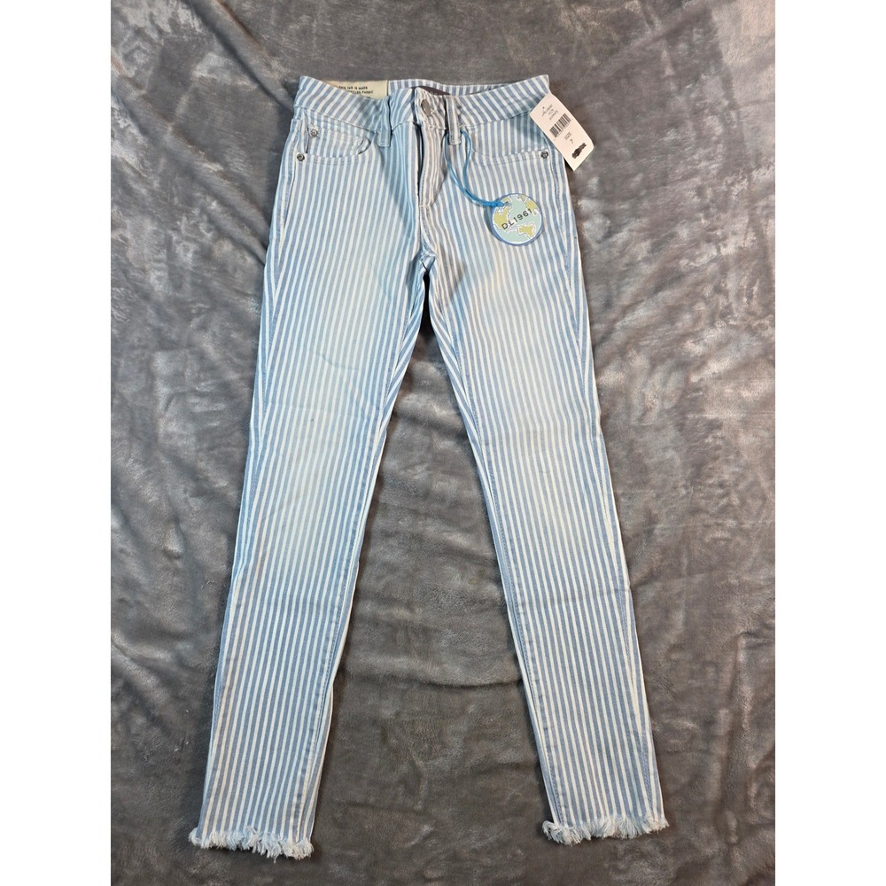 DL1961 Chloe Skinny Jeans Kids 7 Blue White Striped Raw Hem Stretch Denim NWT